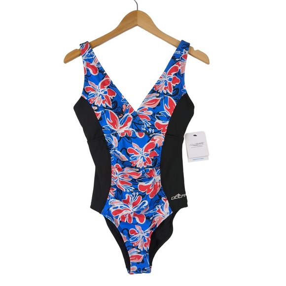 Dolfin Aquashape Swimsuit One Piece Tummy Control Floral Blue Black Womens 10 - Picture 1 of 9